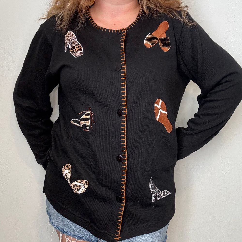 Vintage Shoe Print Black Cardigan Brown Stitching‎ Fun Fashion Statement Large
